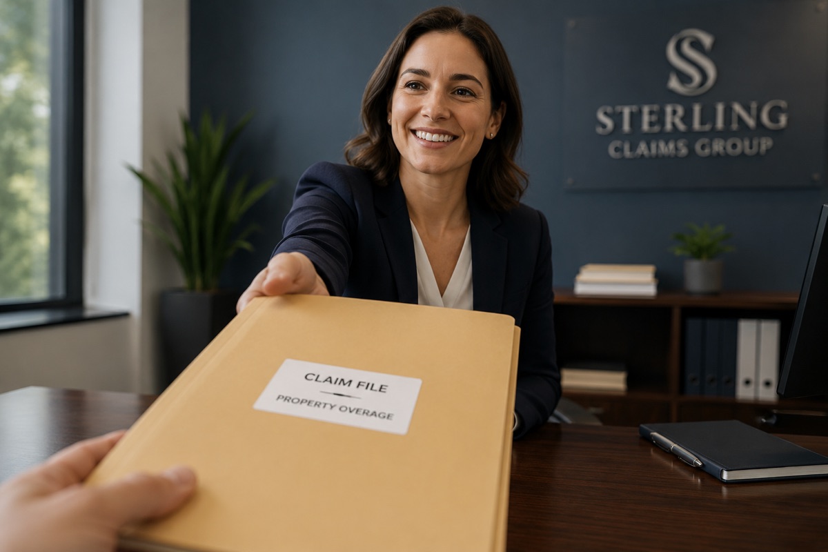 Sterling Claims Group specialist handing a completed claim file to a client